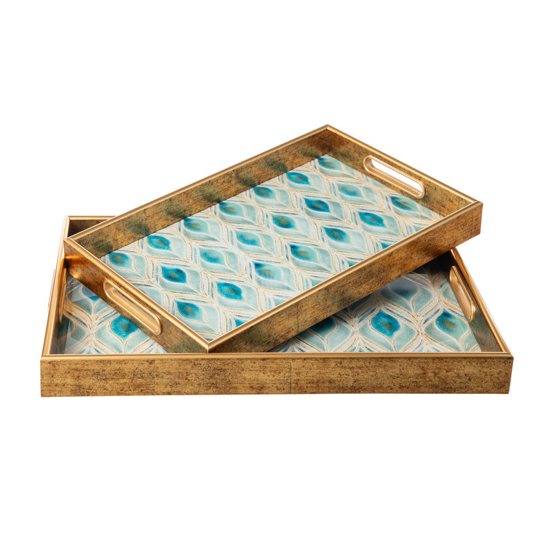Plateaux rectangulaires décoratifs à motif de plumes de paon en bois et en plastique avec poignées