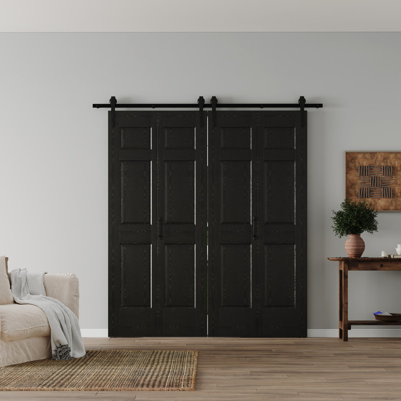 Porte de grange pliable noire à 6 treillis avec porte pliante en bois manufacturé noir