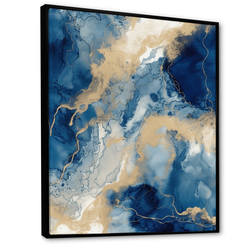 Bleu et blanc, art abstrait liquide III - Art abstrait à l'encre liquide, H 20 po x l 12 po x P 1 po, Cadre flottant noir