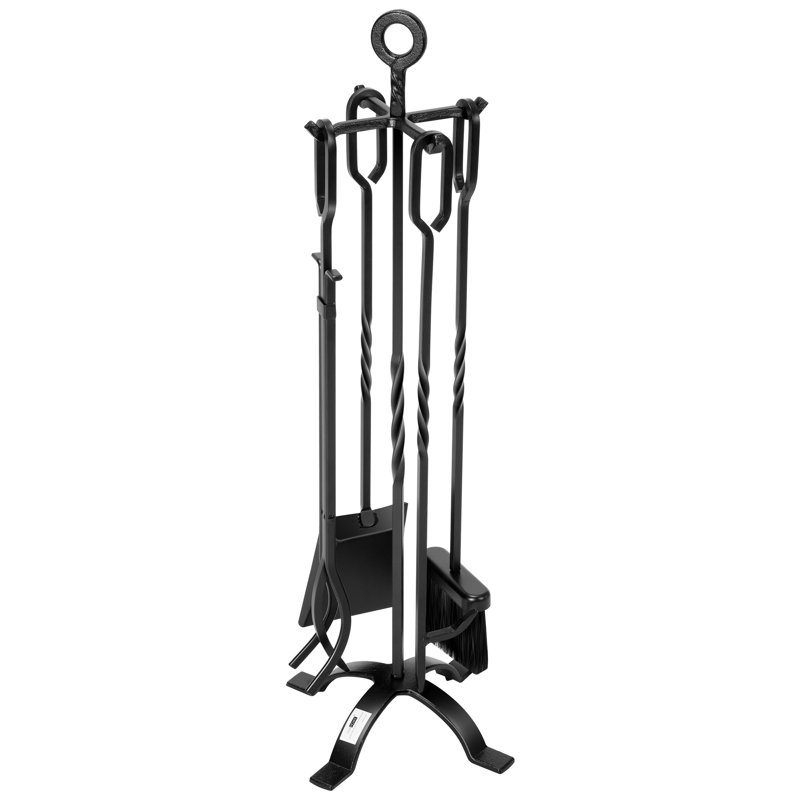 Modern Black Wrought Iron 5-Piece Fireplace Tool Set