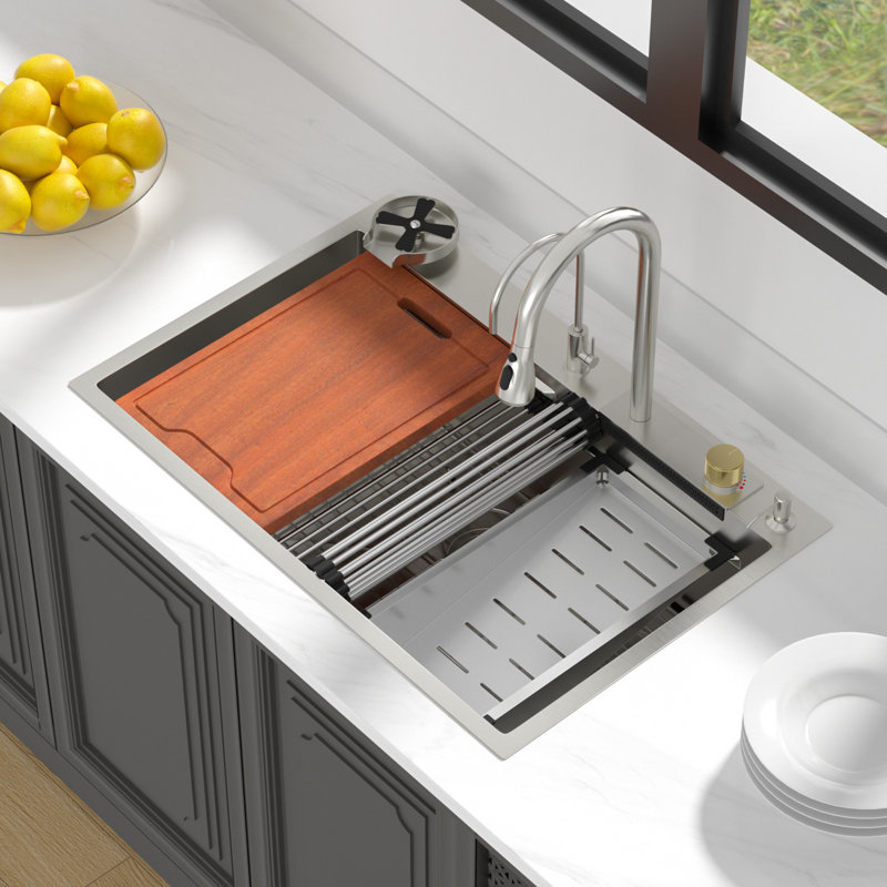 33" L x 22" W Drop-in Workstation Waterfall Kitchen Sink 16 Gauge Stainless Steel Sink, Brushed Nickel