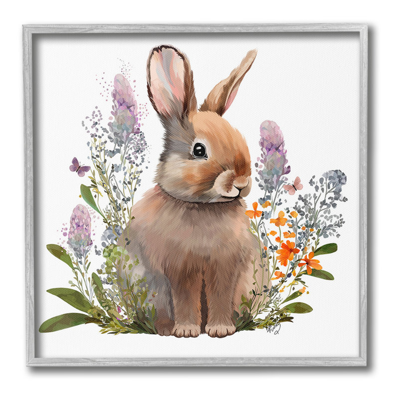 "Brown Bunny with Florals", art mural sur toile par Fab Funky, H 17 po x l 17 po
