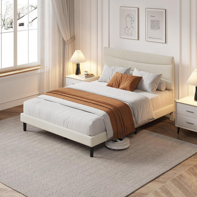 Structure de lit tapissier en velours avec tête de lit et rangement sous le lit, sans sommier, support de lattes en bois silencieux