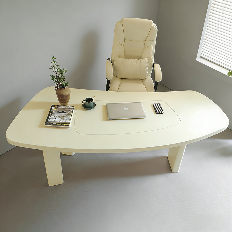 Beige-white Curved Solid Wood desk, Beige, 29.53" H x 70.87" W x 27.56" D