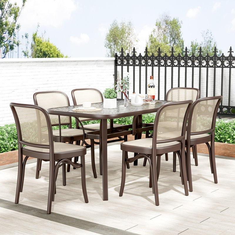 Patio Outdoor Table With 1.69''  Umbrella Hole, 30"X 55" Rectangular Tempered Glass Patio Dining Table For 6,  Outdoor Metal Furniture, All-Weather Use, For Patio, Garden, Backyard, Poolside(Brown)