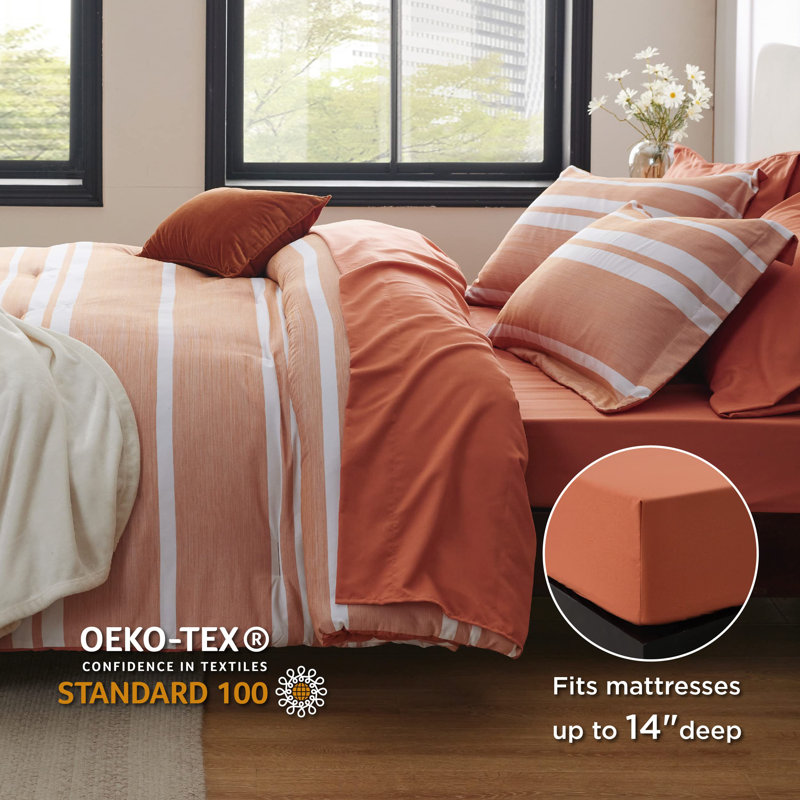 Bedsure Striped All Season Comforter Set, Queen Comforter + 6 Additional Pieces, Burnt Orange