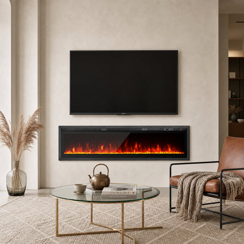17 Stories Black Electric Fireplace Insert, 34cm H x 127cm W x 20.6cm D