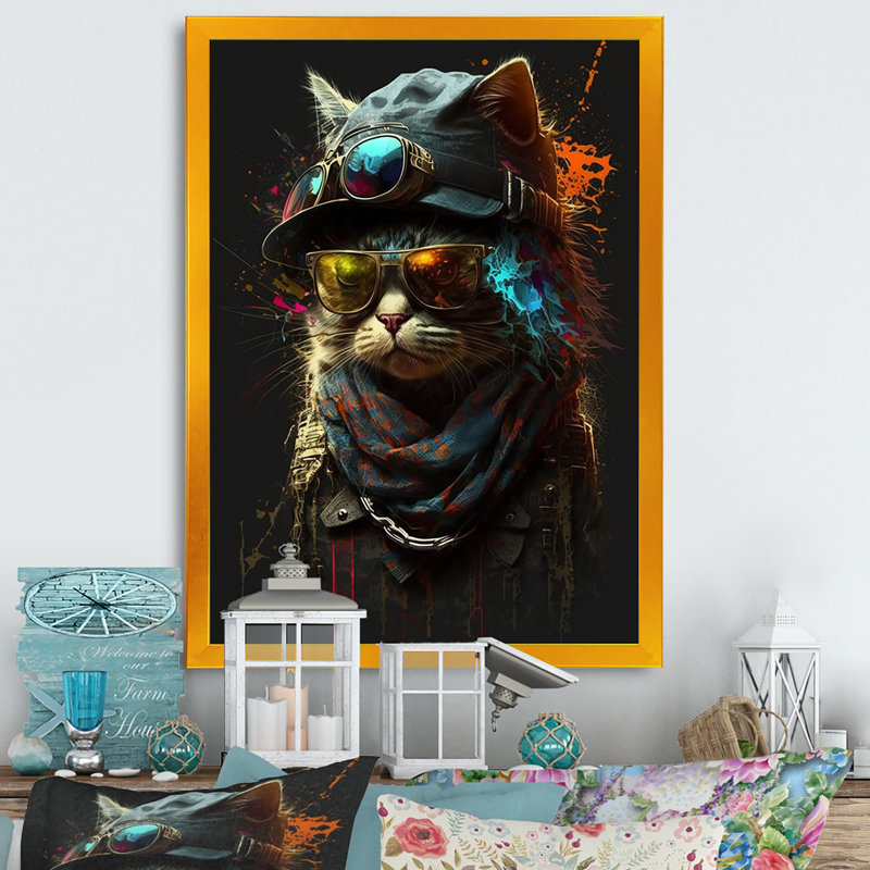 Art mural sur toile Cool Cat avec lunettes de soleil et chapeau IV, Impression dorée sur toile encadrée