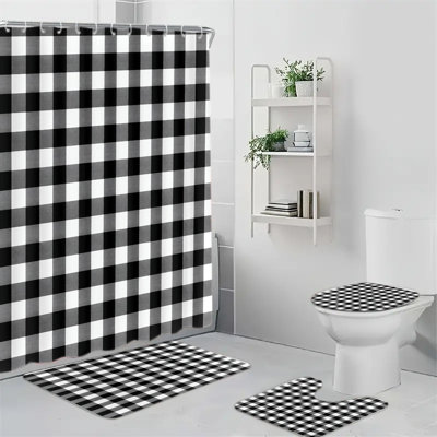 Ensemble de rideau de douche à carreaux 4 pièces Buffalo, décor de salle de bain à carreaux noir et blanc, comprend un tapis de bain, un tapis en forme de U, une housse de couvercle de toilette, des crochets, un style maison de campagne, une esthétiq
