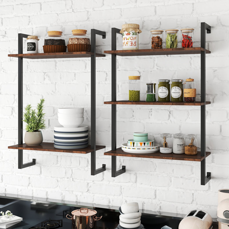 Lucian 3-Tier & 2-Tier Wall Mounted Wood Shelves with Metal Frame