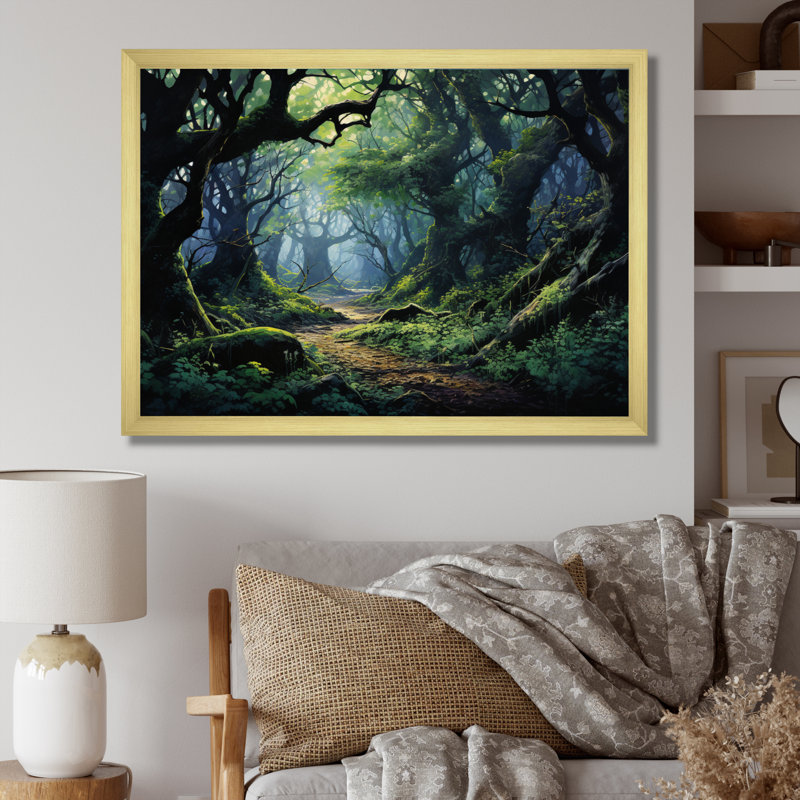 «Green Oak Tree Whispering Shadows II», art mural sur toile, H 24 po x l 32 po x P 1 po, Cadre doré à une seule photo