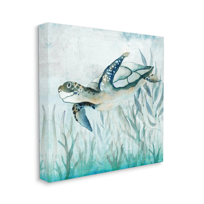 Swimming Sea Turtle Canvas Wall Art in Blue and Green
