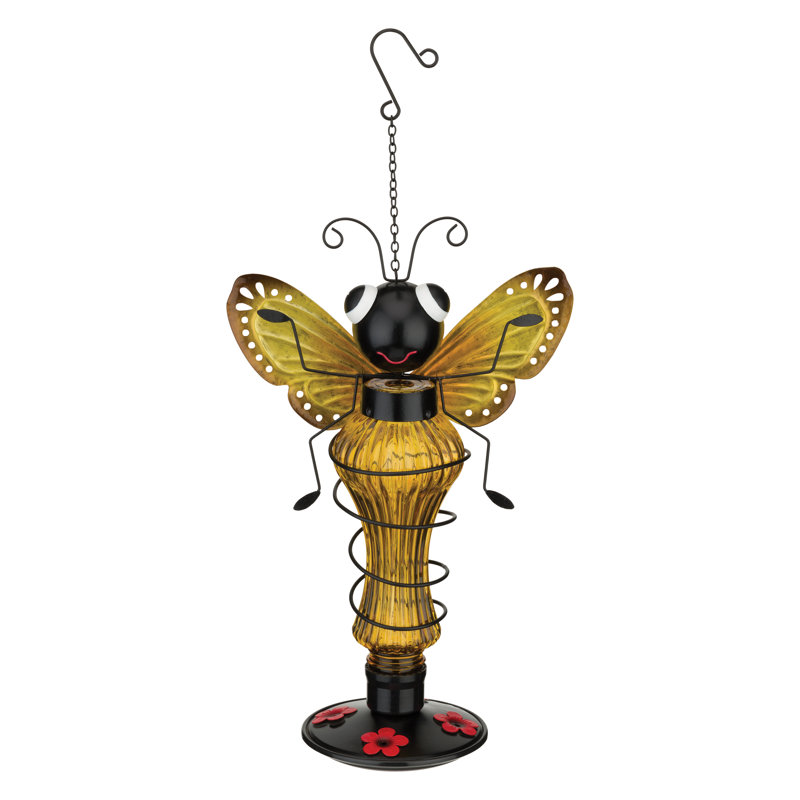 Yellow and Black Glass Bee Hummingbird Feeder with Metal Accents