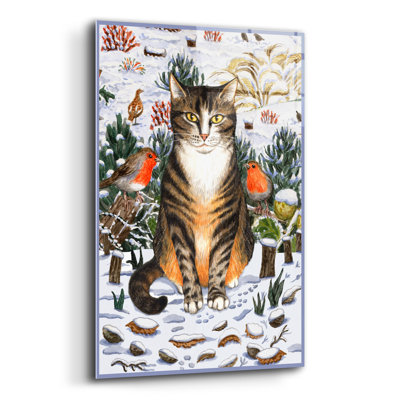 Art mural en verre acrylique épique «Winter Tabby Cat with Blue Border» par Gale Pitt, 16 po x 24 po
