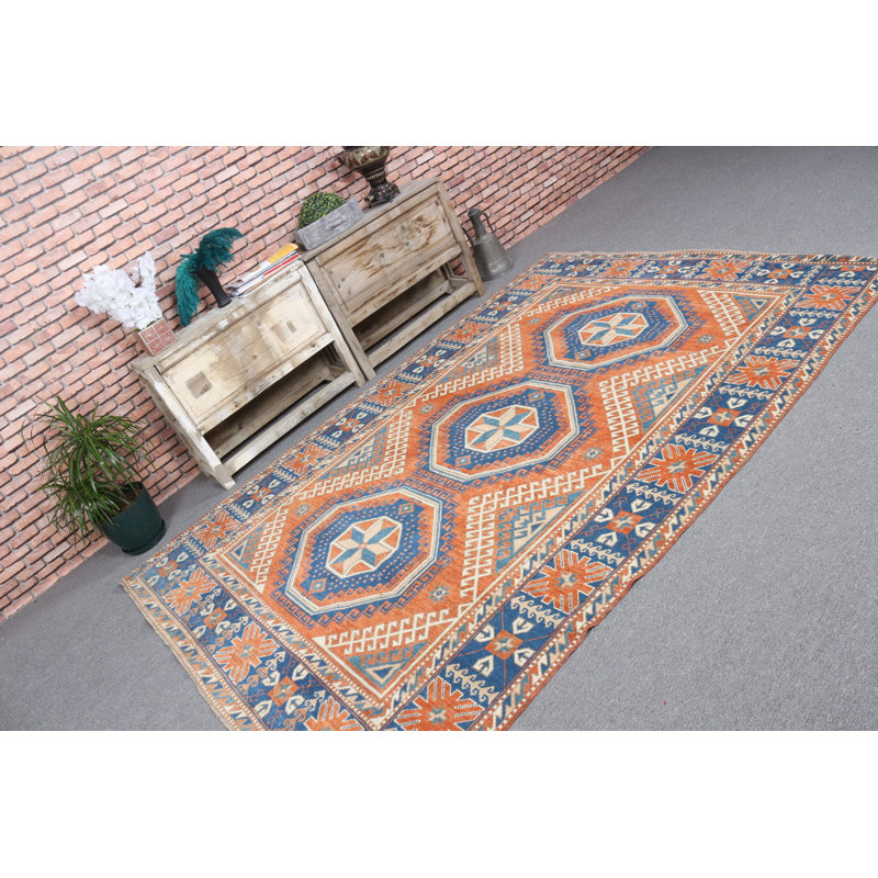 Tapis turc rétro avec teinte orange et motif anatolien fait à la main à partir de laine pour une décoration bohémienne