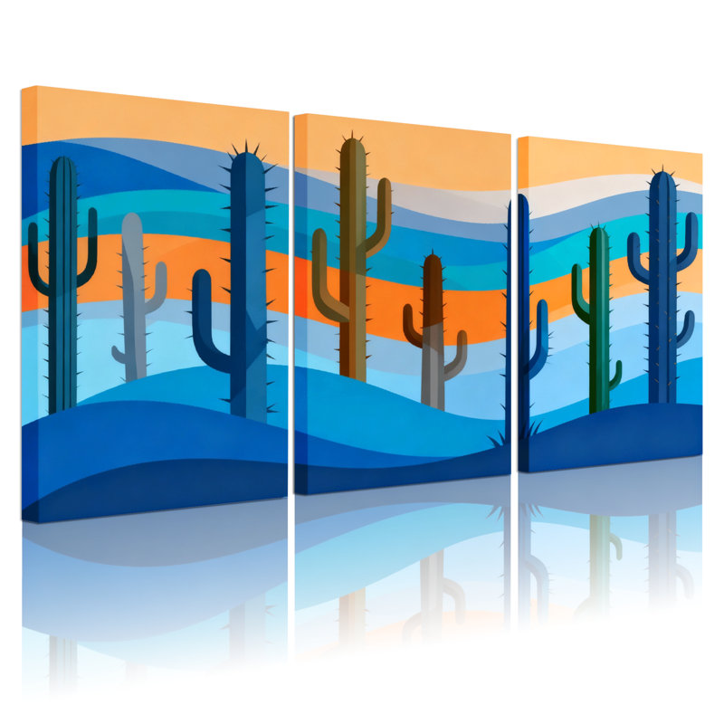 Cactus, paysage désertique, coucher de soleil, horizon, réflexion sur toile, ensemble de 3 impressions sur toile