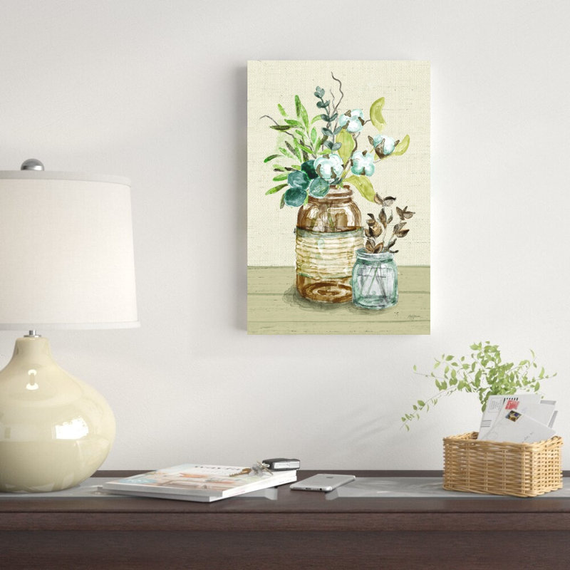 «Cotton Bouquet III Cream» par Mary Urban, peinture sur toile tendue, H 18 po x l 12 po