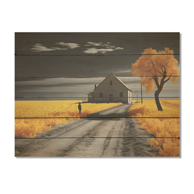Monochrome Yellow And Grey Country Photography - Meadow Wood Panel Wall Art On Natural Pine Wood