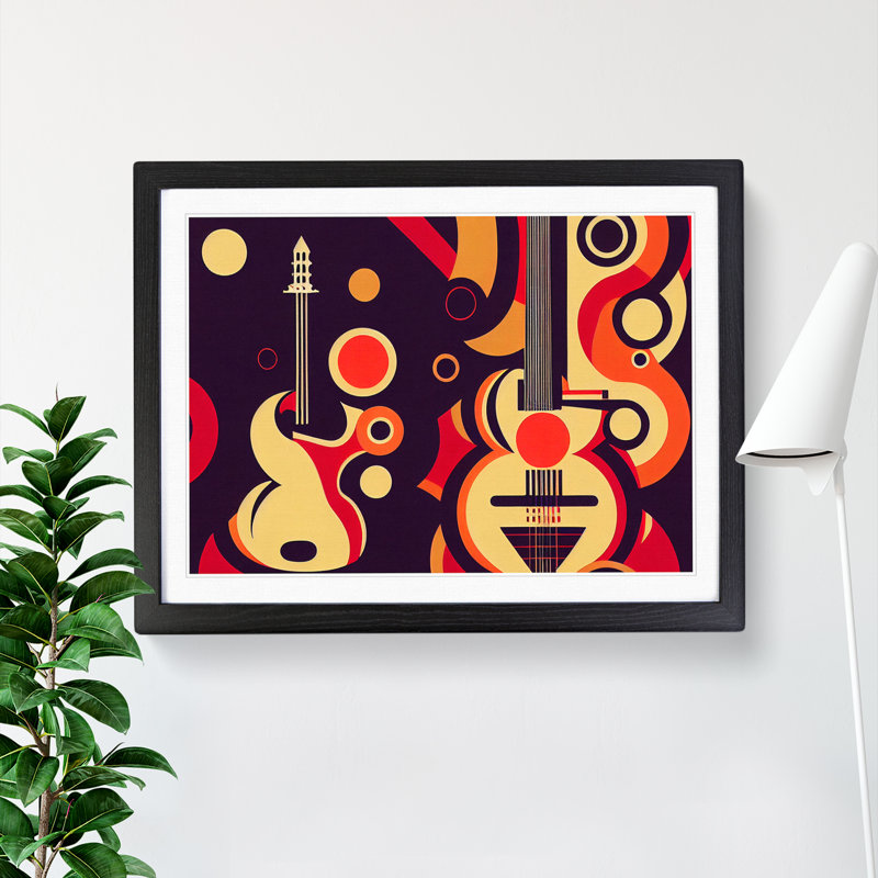 Art Deco Guitar - Single Picture Frame Print, 46cm H x 64cm W x 2cm D, Black Framed