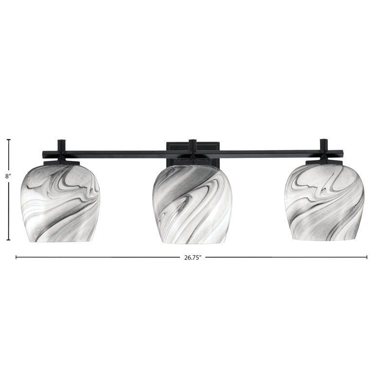 Barre de salle de bain Finola avec verre tourbillonnant onyx, Noir mat, 3 lumières, H 8 po x l 26,75 po x P 7,25 po