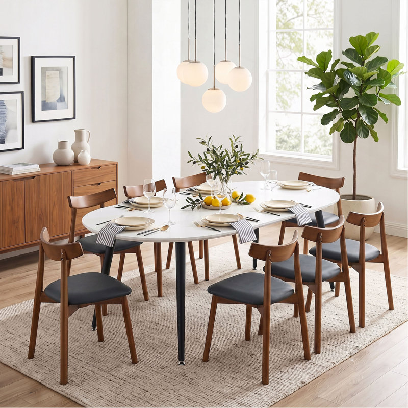 Combinaison de table à manger avec chaises, plateau de table en panneau de fibres à densité moyenne avec pieds en métal, table de salle à manger extensible et 8 chaises de salle à manger modernes en bois massif minimaliste.