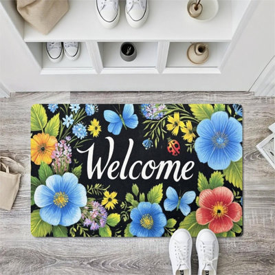 Modern Black Floral Floor Mat, For Patio & Entryway, 24 X 36 In, Black Blue