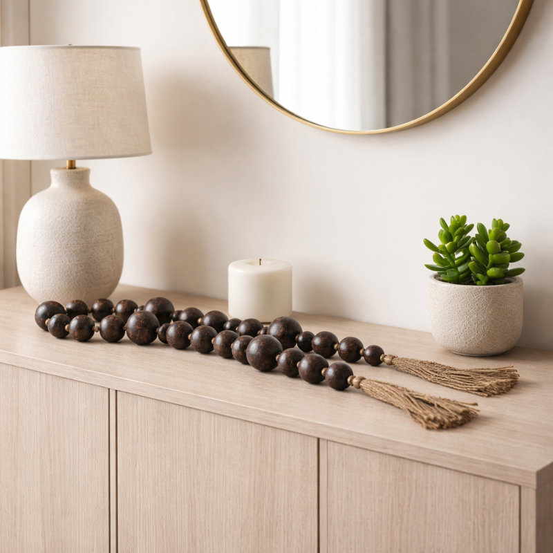 Decorative Terracotta Bead Garland with Tassel Ends for Tabletop Decor - Modern Beads Object for Living Room, Office or Home Decoration - 65", Brown