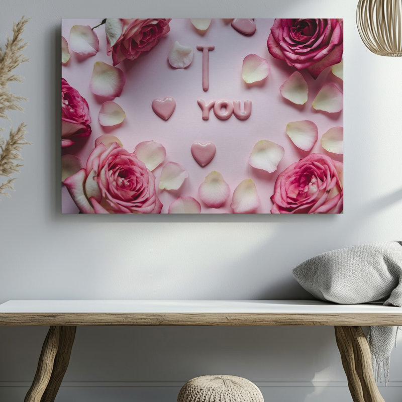 Toile, art romantique sur fond rose pâle avec roses délicates et pétales en forme de cœur, H 9 po x l 12 po