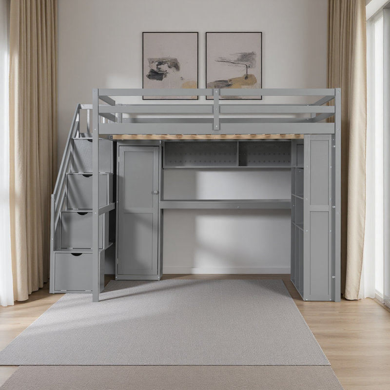 Full Loft Bed Frame With Built-In Wardrobe, Study Desk, Storage Shelves，Lights, Space-Saving Design For Bedroom, Gray