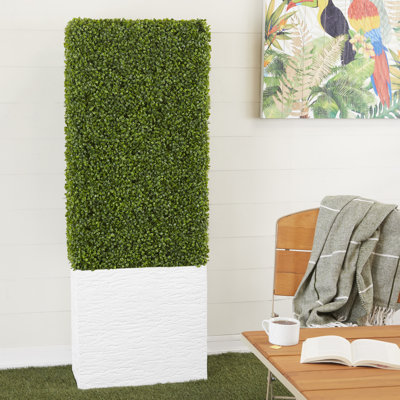 Faux Foliage Tall Boxwood Hedge Topiary with Realistic Leaves and Black Cement Planter Box