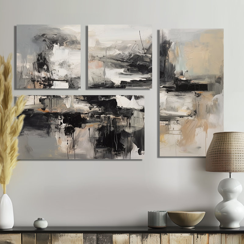 Gris intérieur noir de mondes de marbre II - Décoration murale géométrique abstraite 4 pièces, Toile tendue
