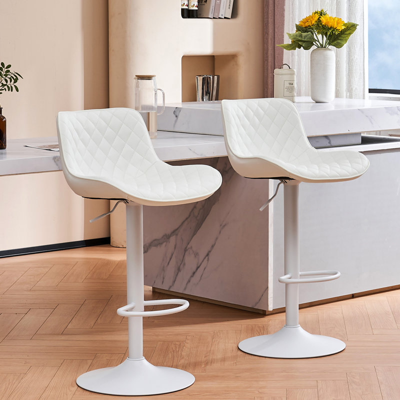 Zager Swivel Upholstered Adjustable Height Bar Stool, 2, White Faux Leather/White Frame