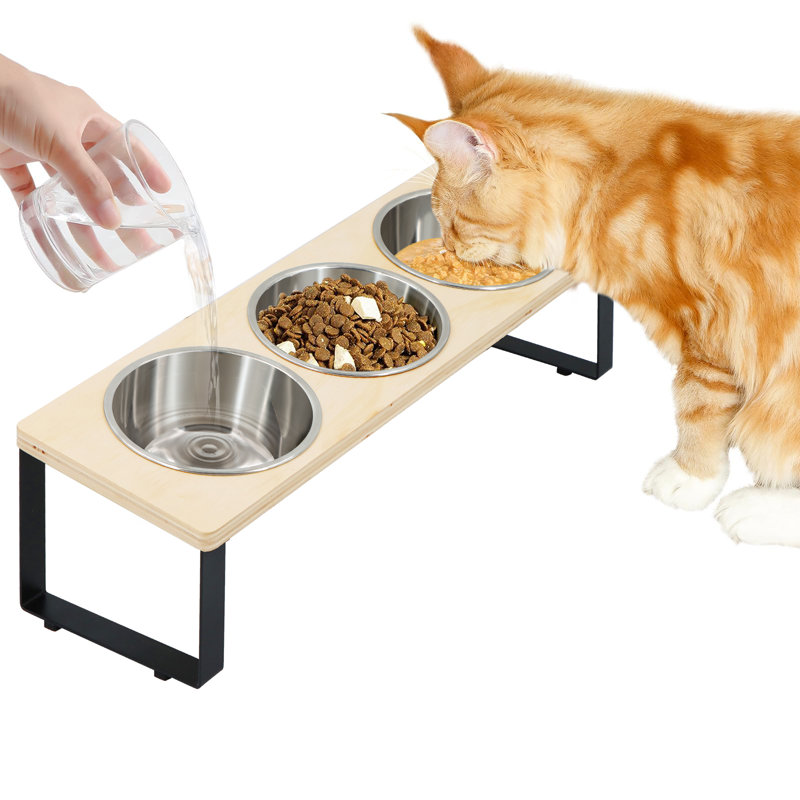 3 Stainless Steel Bowls Raised Pet Feeder for Multiple Cats