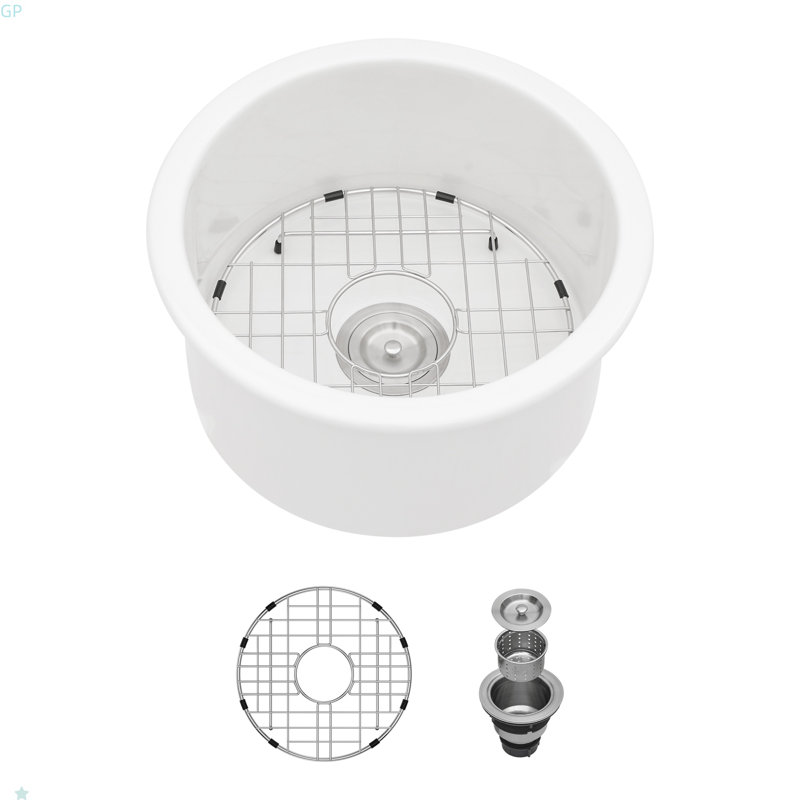 Évier de cuisine circulaire en céramique à simple cuve 18 pouces avec assemblage de drain et grille inférieure