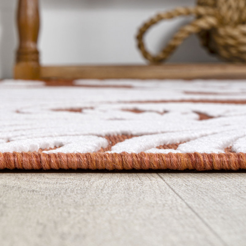 Delmoe High-Low Two-Tone Monstera Leaf Orange/Ivory Indoor/Outdoor Rug, Rectangle 7'9" x 10'