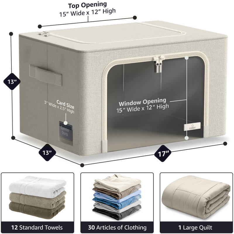 Sorbus Medium Storage Box with Window Label Holder & Handles 3 Pack, Beige