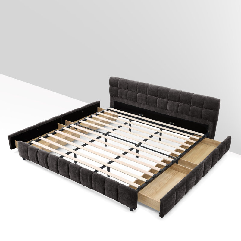 Modern Minimalist Upholstered Platform Bed Frame With Chenille Upholstered Headboard, Memory Foam Support & Built-In Storage