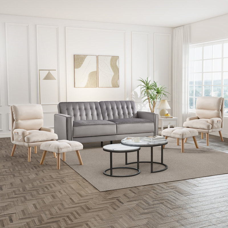 3-Piece Velvet Living Room Set Two Reclining Accent Chair with Ottoman & a Convertible Sofa Bed