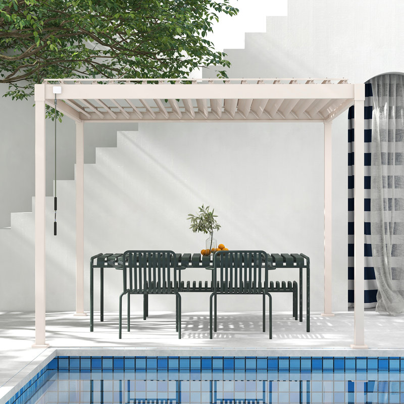 80S Steel Frame Pergola with Adjustable Louvered Roof, 10 ft W x 10 ft D, Latte