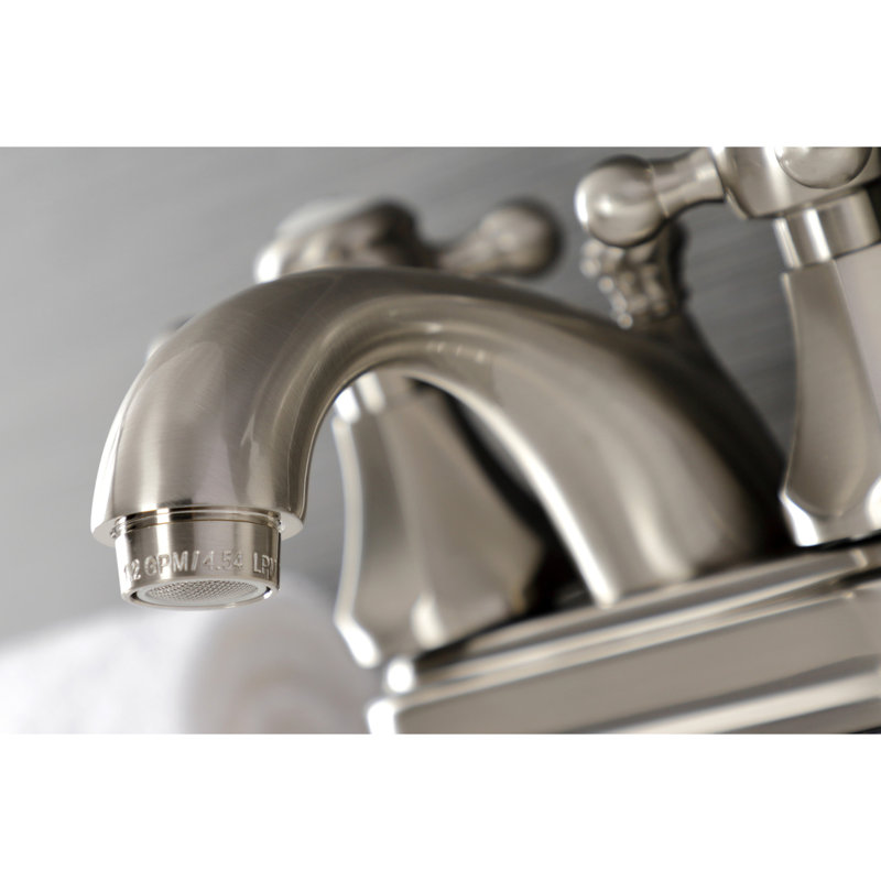 Kingston Brass Metropolitan Two-Handle 3-Hole Deck Mount 4" Centerset Bathroom Faucet with Plastic Pop-Up, Brushed Nickel