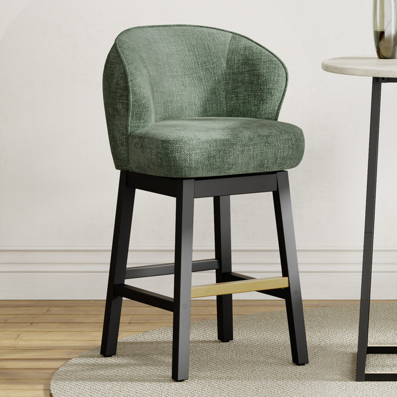 Tabouret tournant 30,32 "avec structure en bois d'hévéa massif et repose-pieds en métal, Siège vert / cadre noir