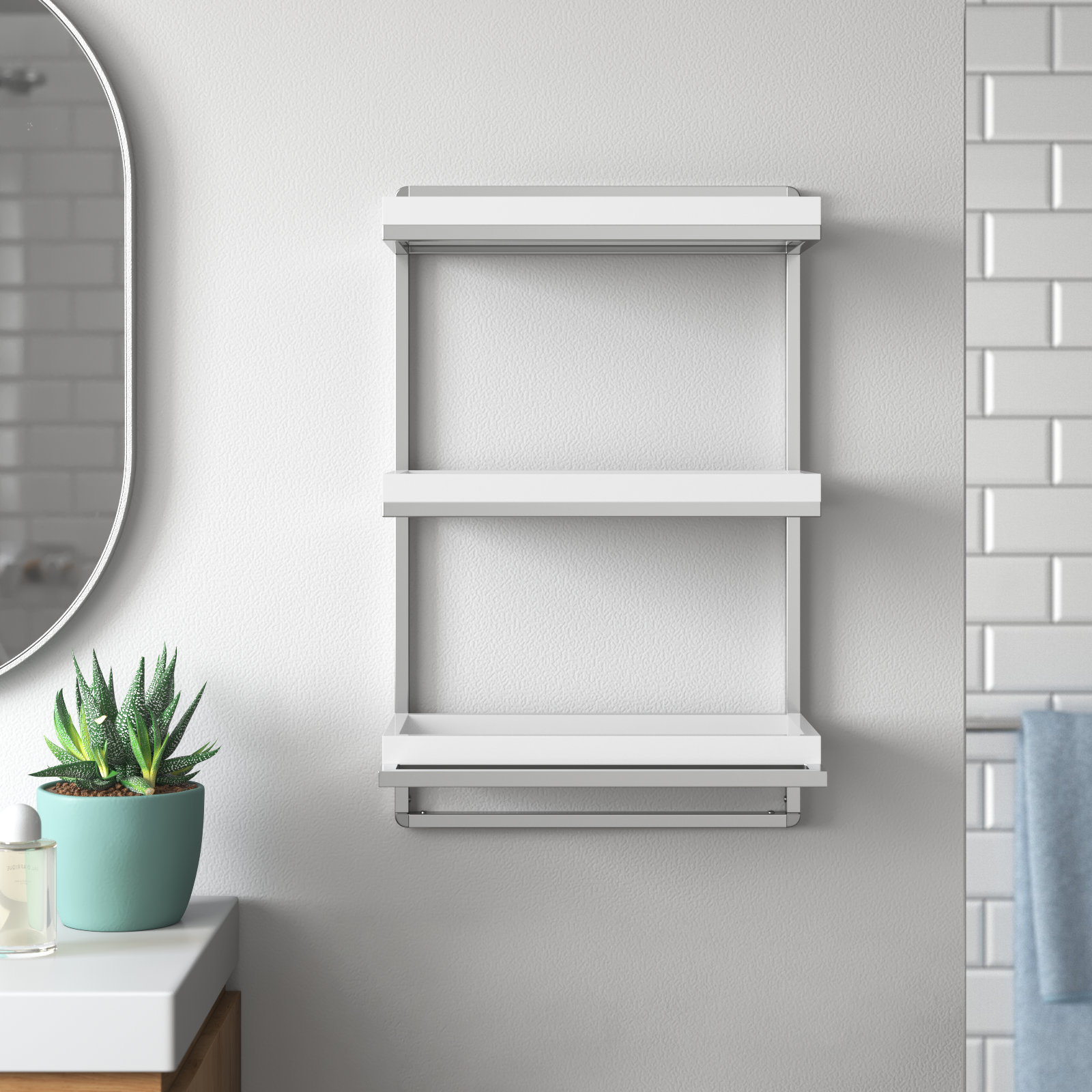 2 Tier Silver Chrome Metal Wall Mounted Bathroom Shelf Organizer with  Hanging Towel Rack, 17 x 10 x 22 in.