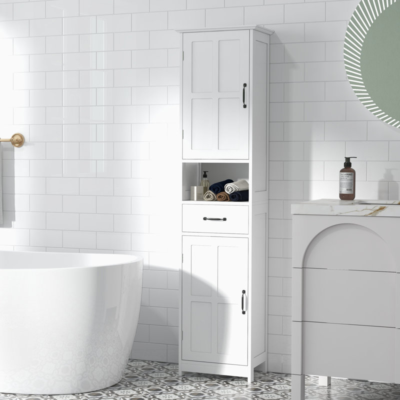 Tall Bathroom Linen Cabinet Storage - Slim With Open Shelf, Drawer, Recessed Doors & Adjustable Shelves In White Tower