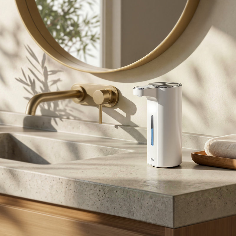 Distributeur de savon liquide automatique sans contact 13,5 oz liq. EKO Aroma Pro, distributeur de savon à main et à vaisselle électrique rechargeable pour salle de bain et cuisine, Ipx7 imperméable, contrôle de volume réglable (blanc)