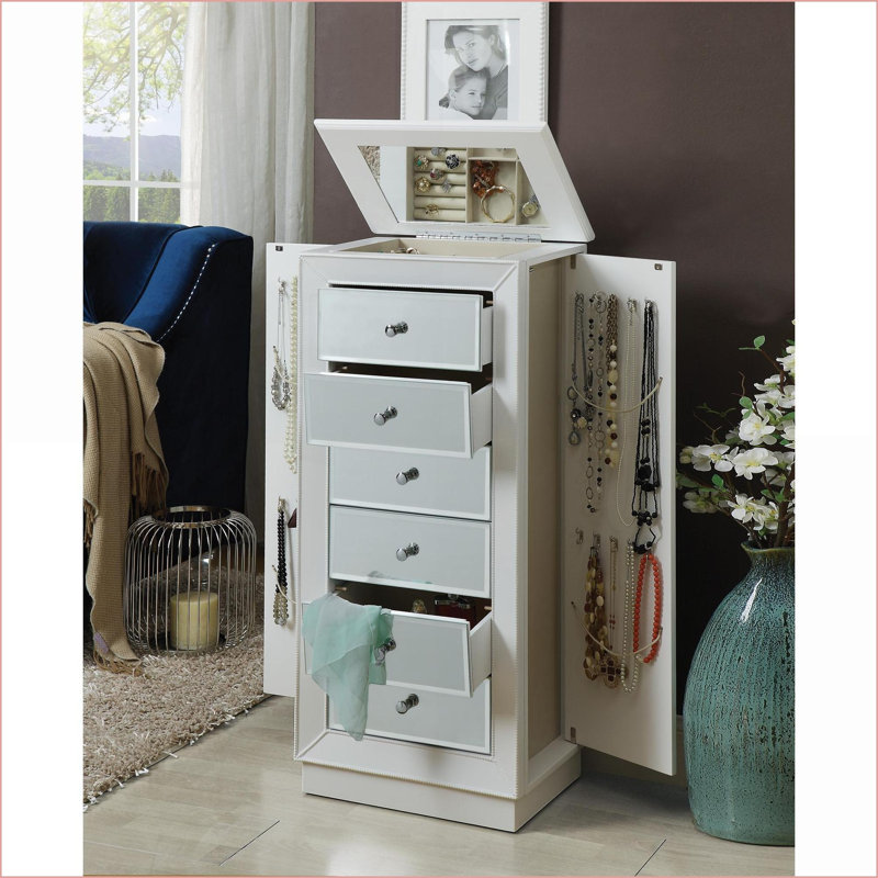 Armoire à bijoux avec miroir & amp; Rangement, finition blanche | Blanc | Bois synthétique