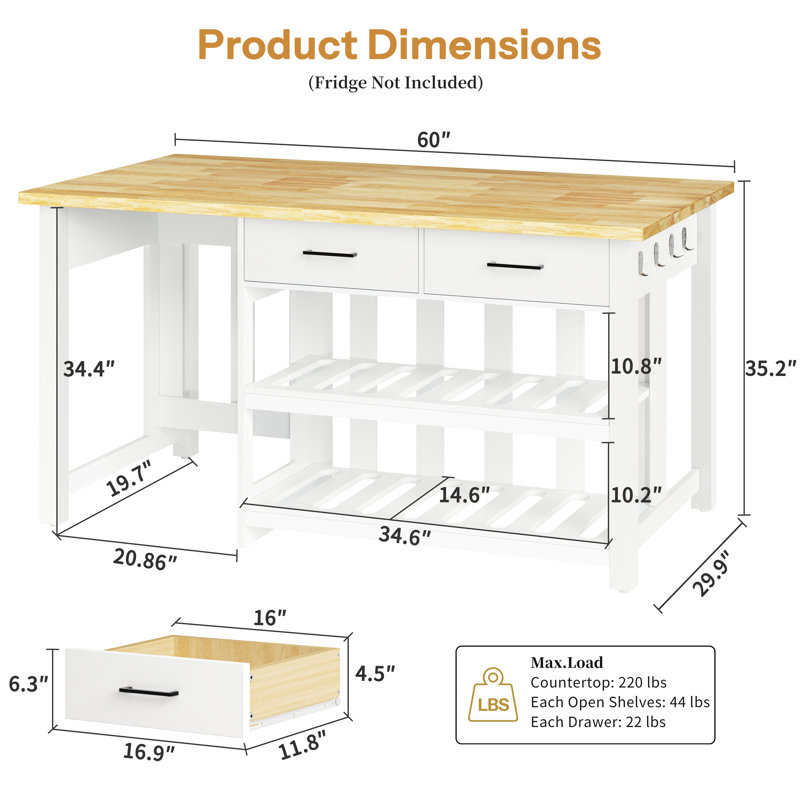 60" Solid Wood Kitchen Island with Storage, Power Outlets, 2 Drawer and Fridge Space for Kitchen Dining Room, Farmhouse Style, White