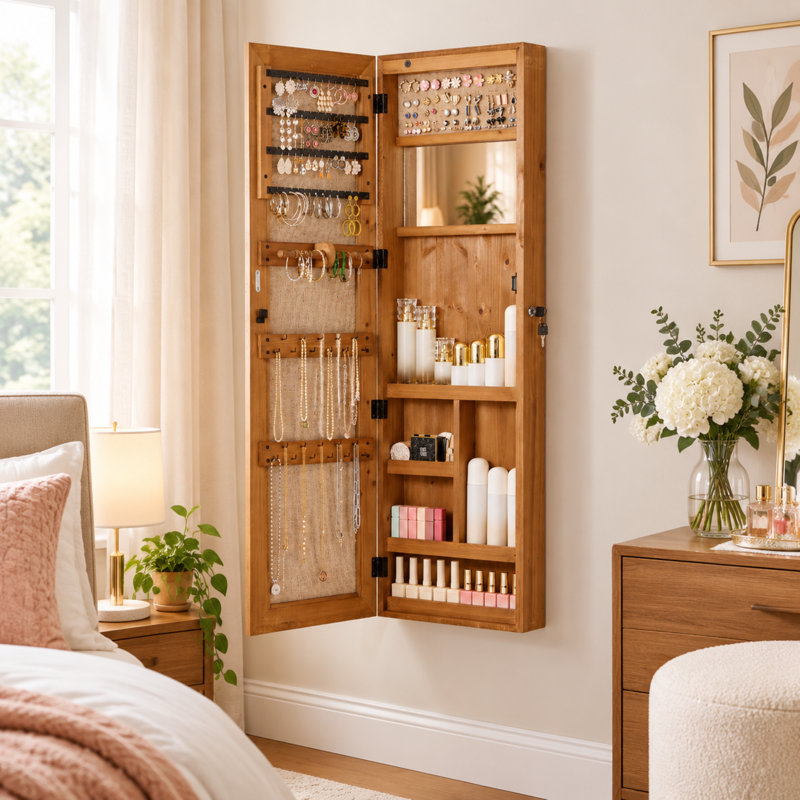 Armoire à bijoux en bois massif de 14,3 po de largeur avec miroir et lumière DEL, Marron clair