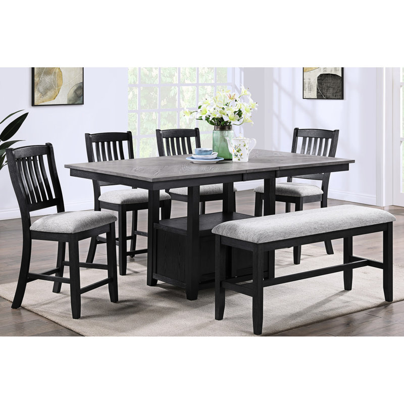 Banc rembourré à hauteur de comptoir de style transitionnel en bois massif noir / gris avec revêtement gris
