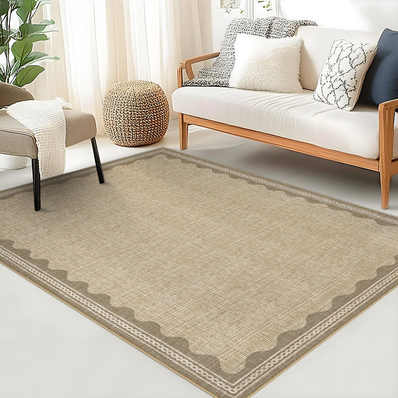 Tapis festonné et lavable pour tapis de chambre à coucher moderne, Beige, Rectangle 9 pi x 12 pi