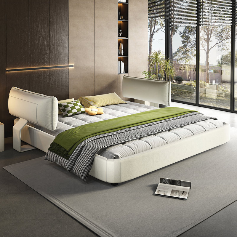Structure de lit Cloud avec tête de lit mobile surdimensionnée et rembourrée, lit tapissier en chenille avec coin rond, support double en lattes de bois massif en métal, aucun sommier nécessaire